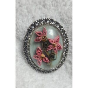Vintage Paper Quilling Floral Brooch Silver Tone Oval Ornate Frame Pink Flowers